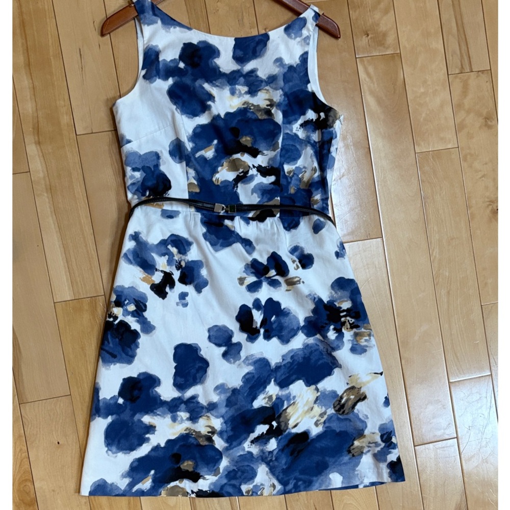 Ann Taylor White Dress with Blue and Gold Abstract Floral Print